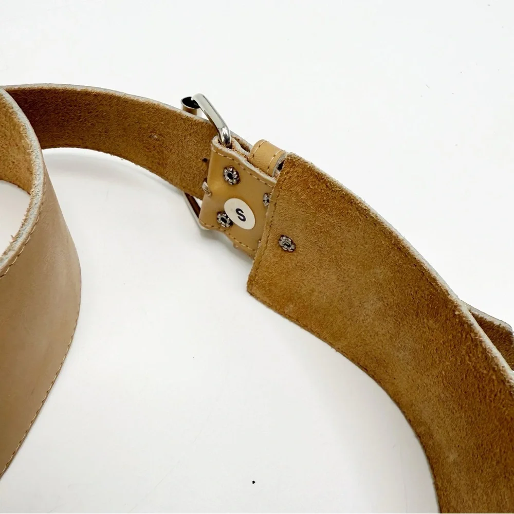 Tan Leather Crossover Asymmetrical Belt with Silver Buckle, Size Small